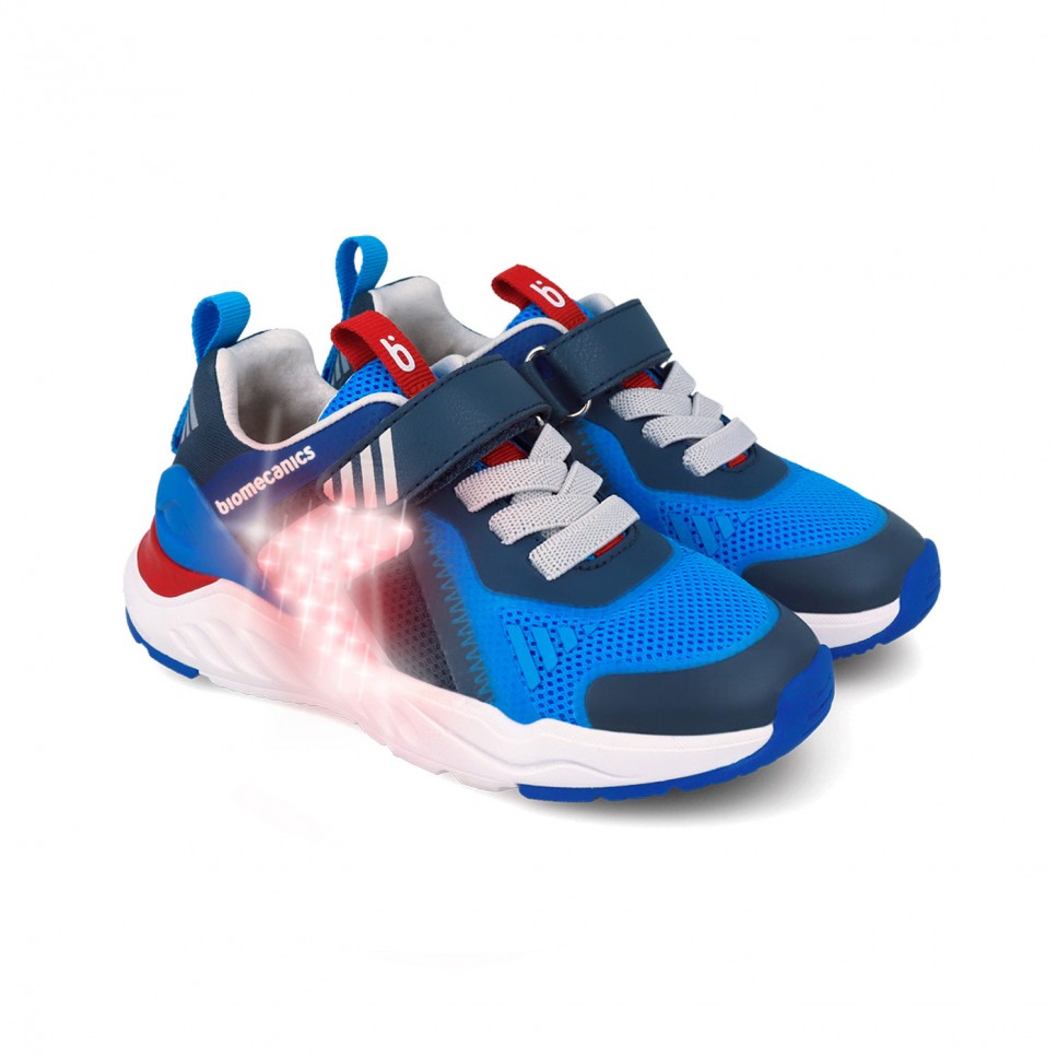 Biomecanics sportcipő fiúknak LED-del 24-32 rácsos kék