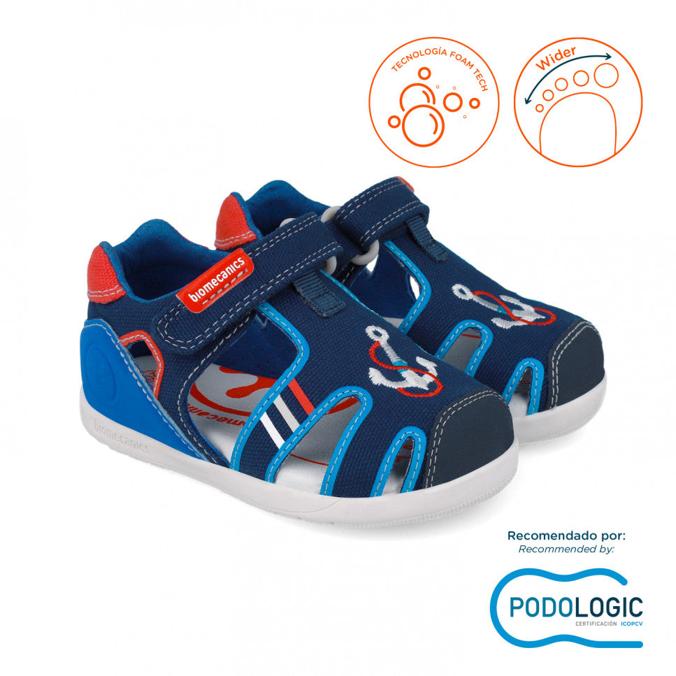 Biomecanics sandale baieti din panza Primii Pasi 19-23 Azul Marino cu ancora Fő kép