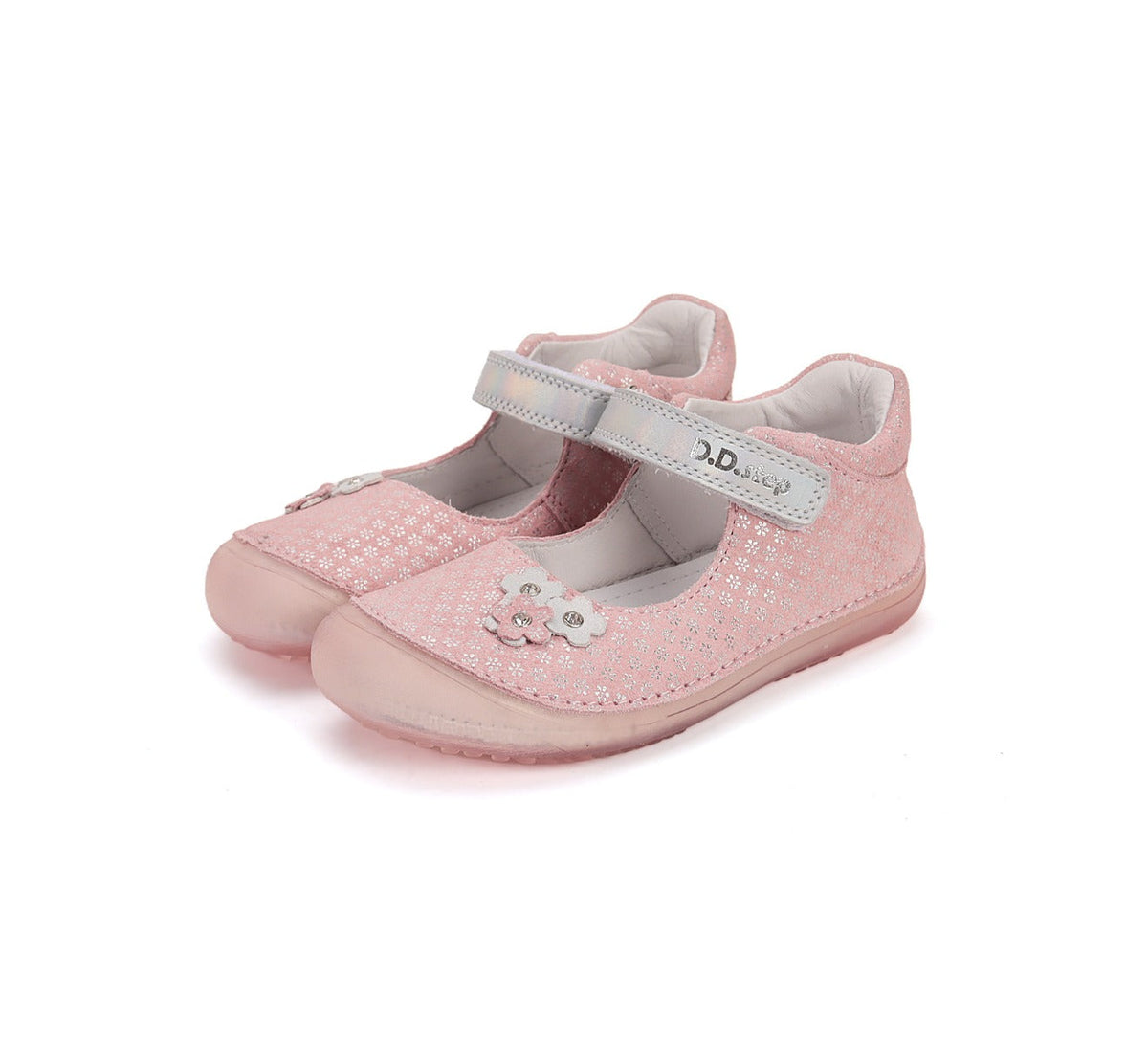 D.D.Step pantofi fete decupati Barefoot 26-31 Metallic pInk cu floricele