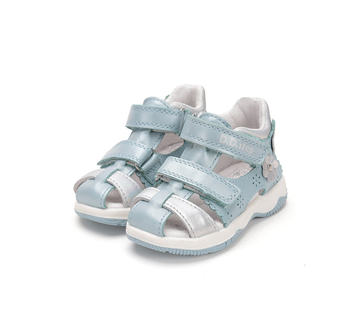 D.D.Step sandale fete 19-24 Sky Blue cu floaricele argintii