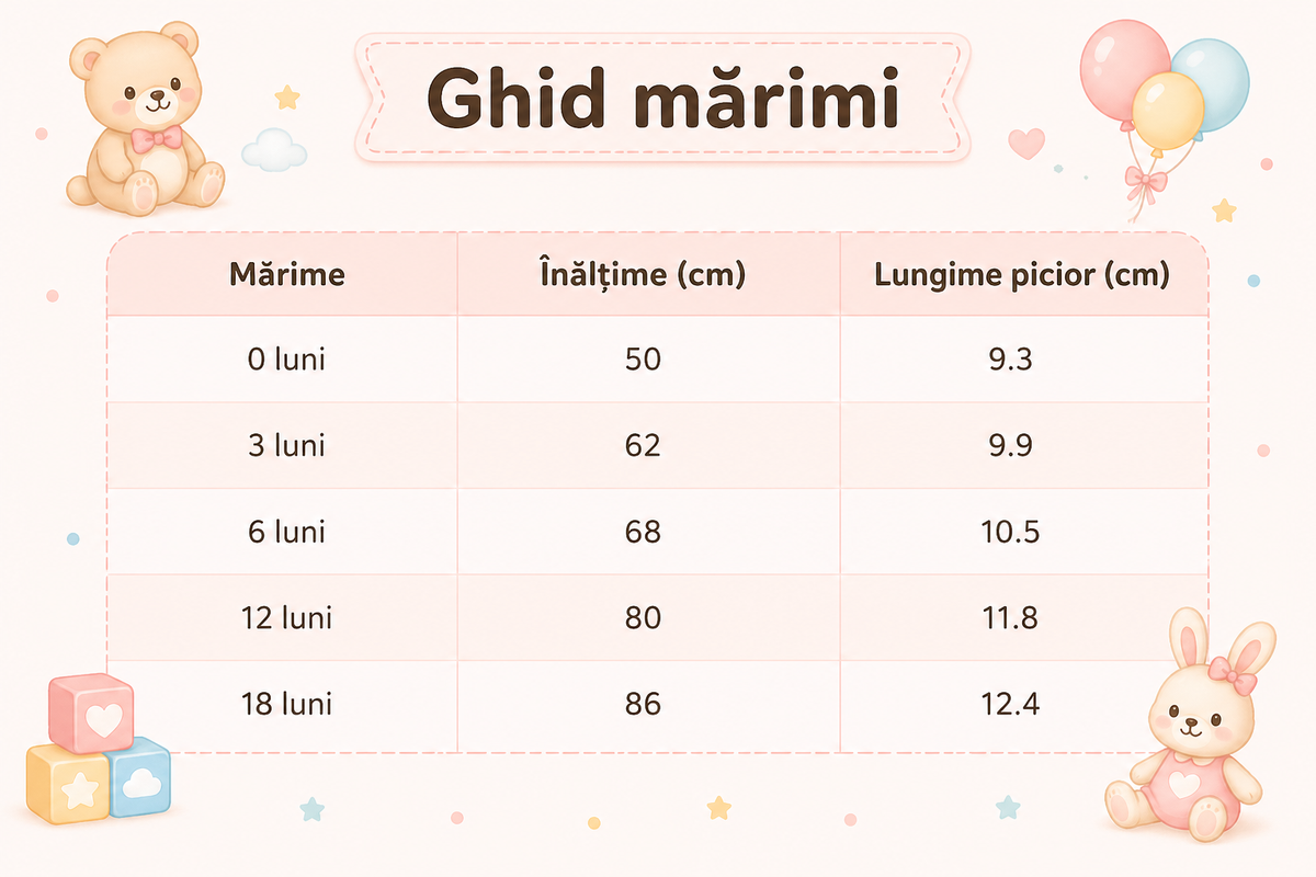 Ghid de mărimi Teddy pamut babacsizma, fehér kék elefánttal